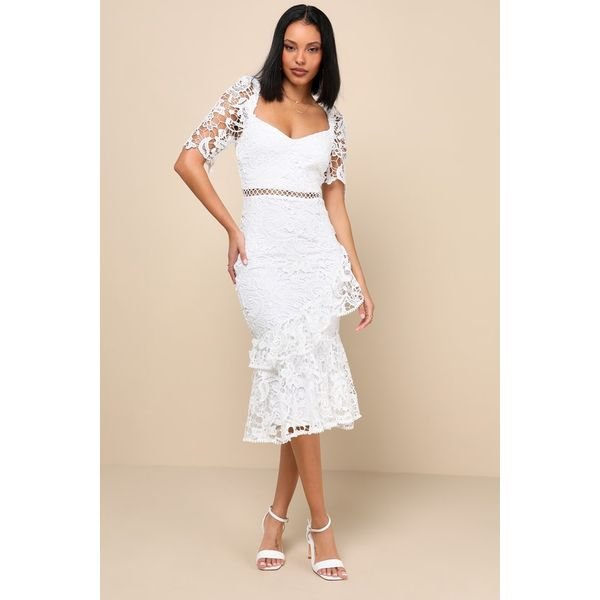 Bridal shower outfit idea: Lulus Briarwood Lace Ruffled Midi Dress
