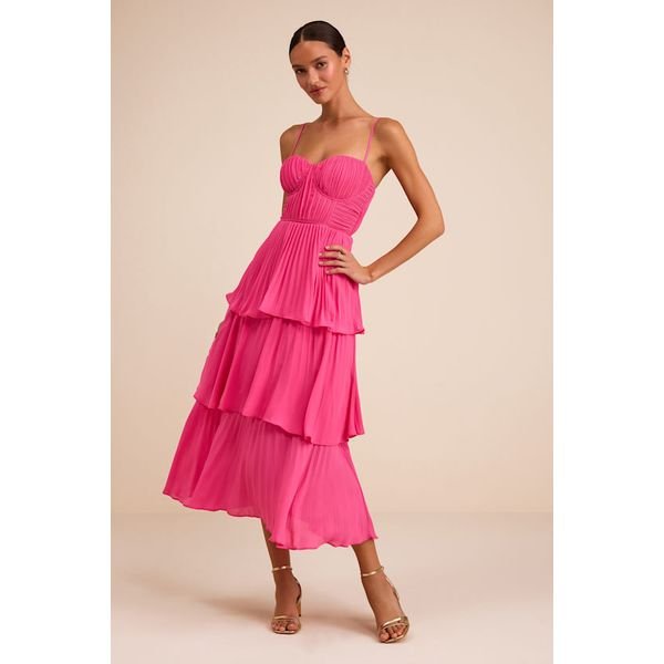 Bridal shower outfit idea: Lulus Cascading Crush Pink Tiered Midi Dress