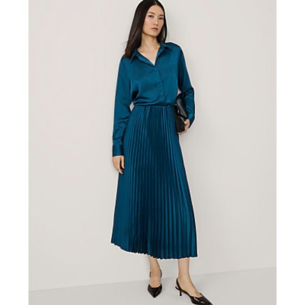 Ann Taylor Satin Pleated Midi Skirt baby shower outfit