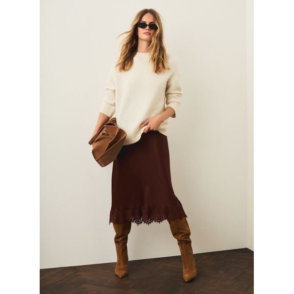 Mint Velvet Brown Satin Lace Hem Midi Skirt