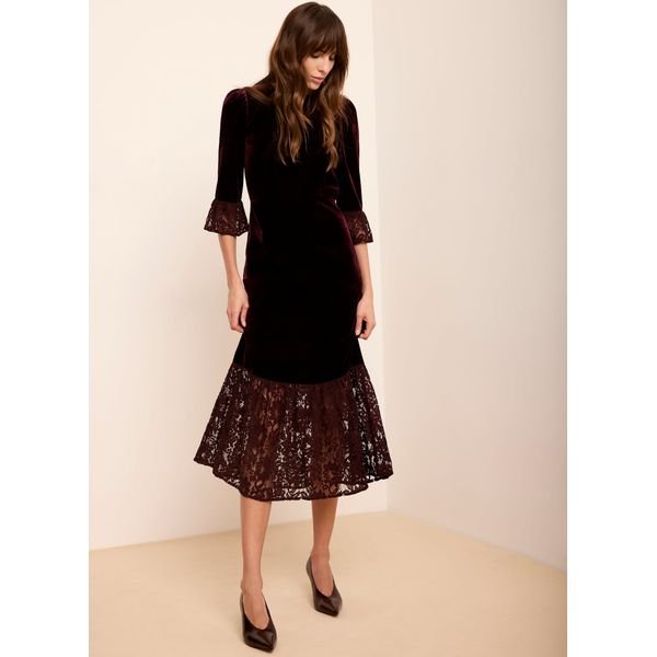 Mint Velvet burgundy velvet lace trim midi dress