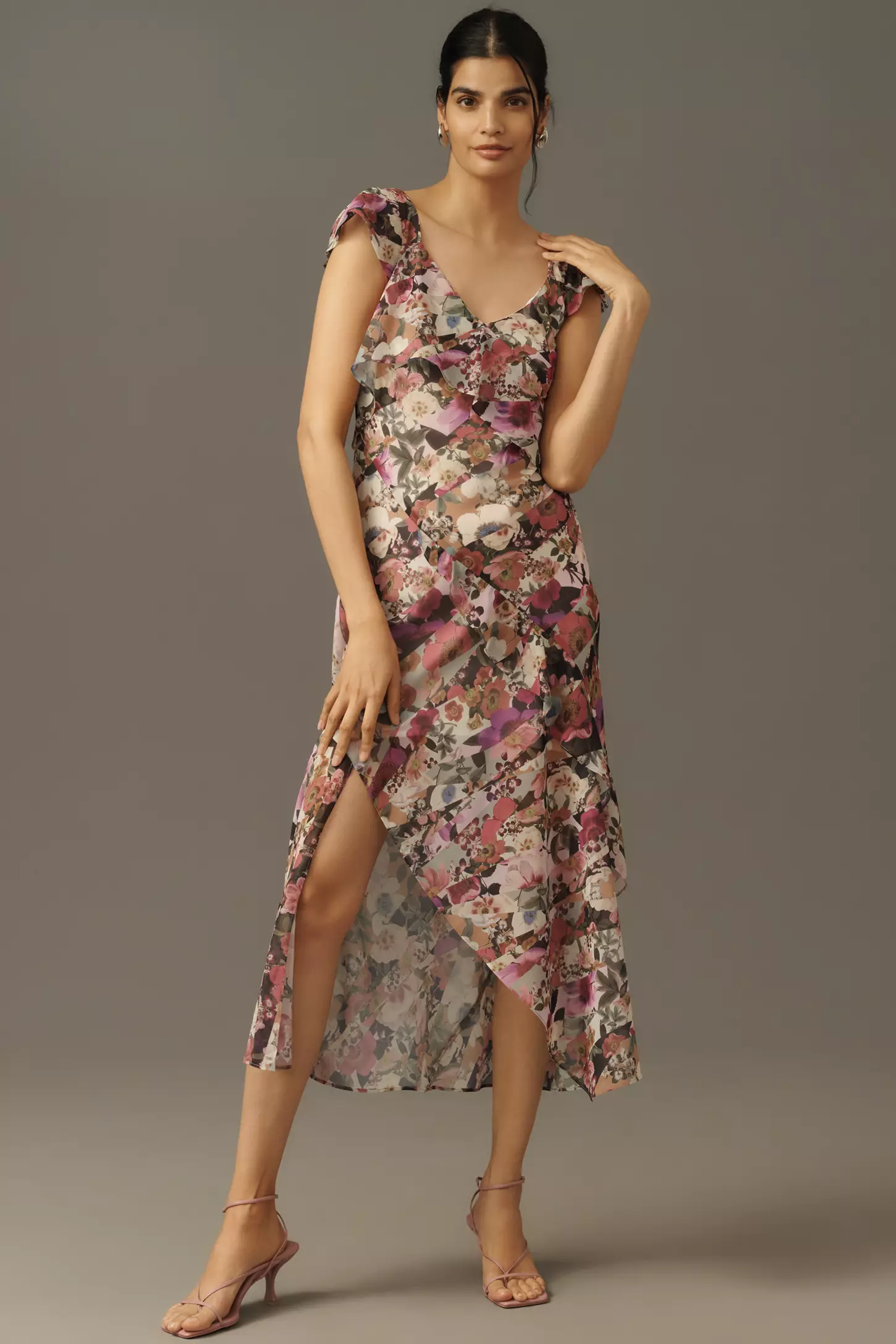 Anthropologie Ruffle-Sleeve Floral Slip Midi Dress