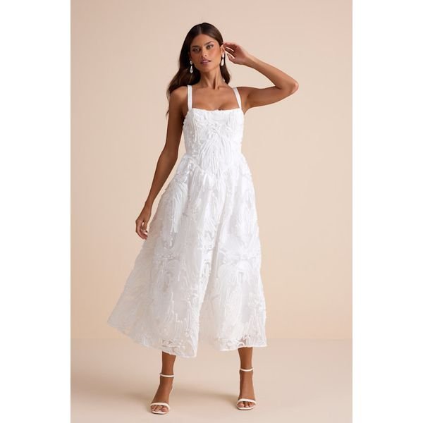 Lulus Perkins white textured corset lace-up midi dress