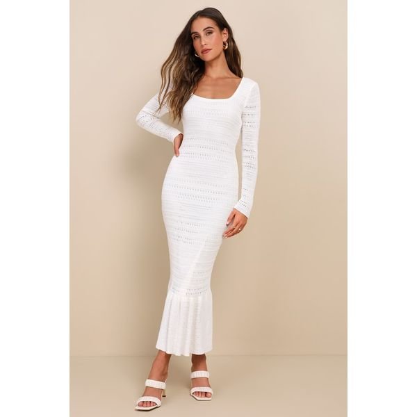 Lulus white crochet long sleeve trumpet midi dress
