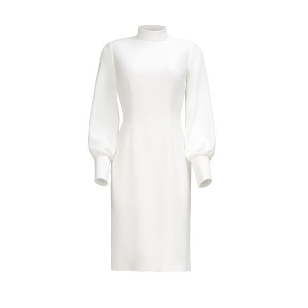 Wolf and Badger Emira white high neck long sleeve crepe midi dress