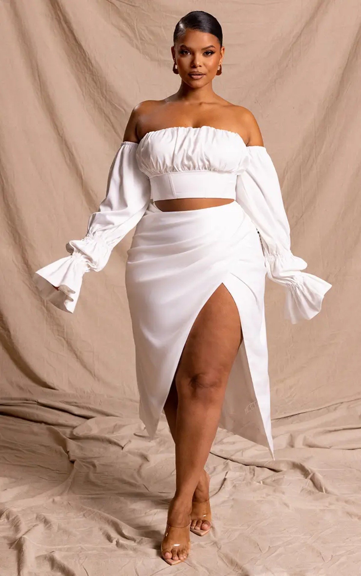 White satin draped skirt and top set
