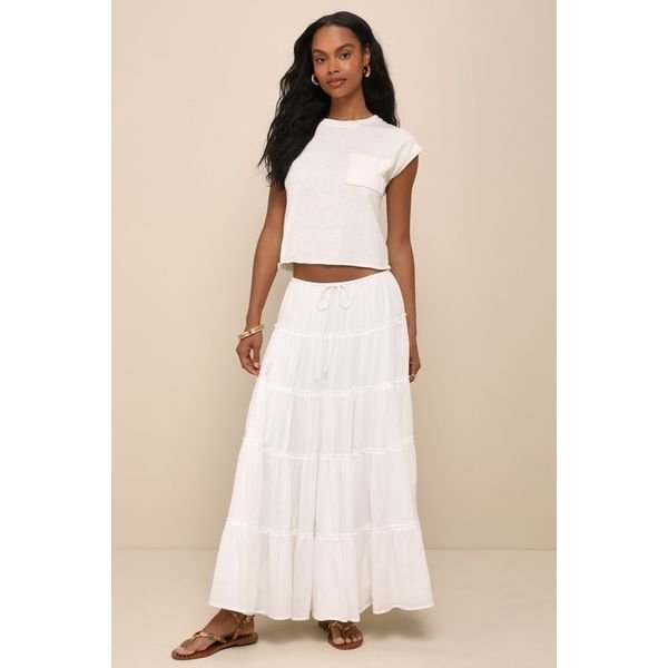 Lulus white gauzy tiered drawstring maxi skirt