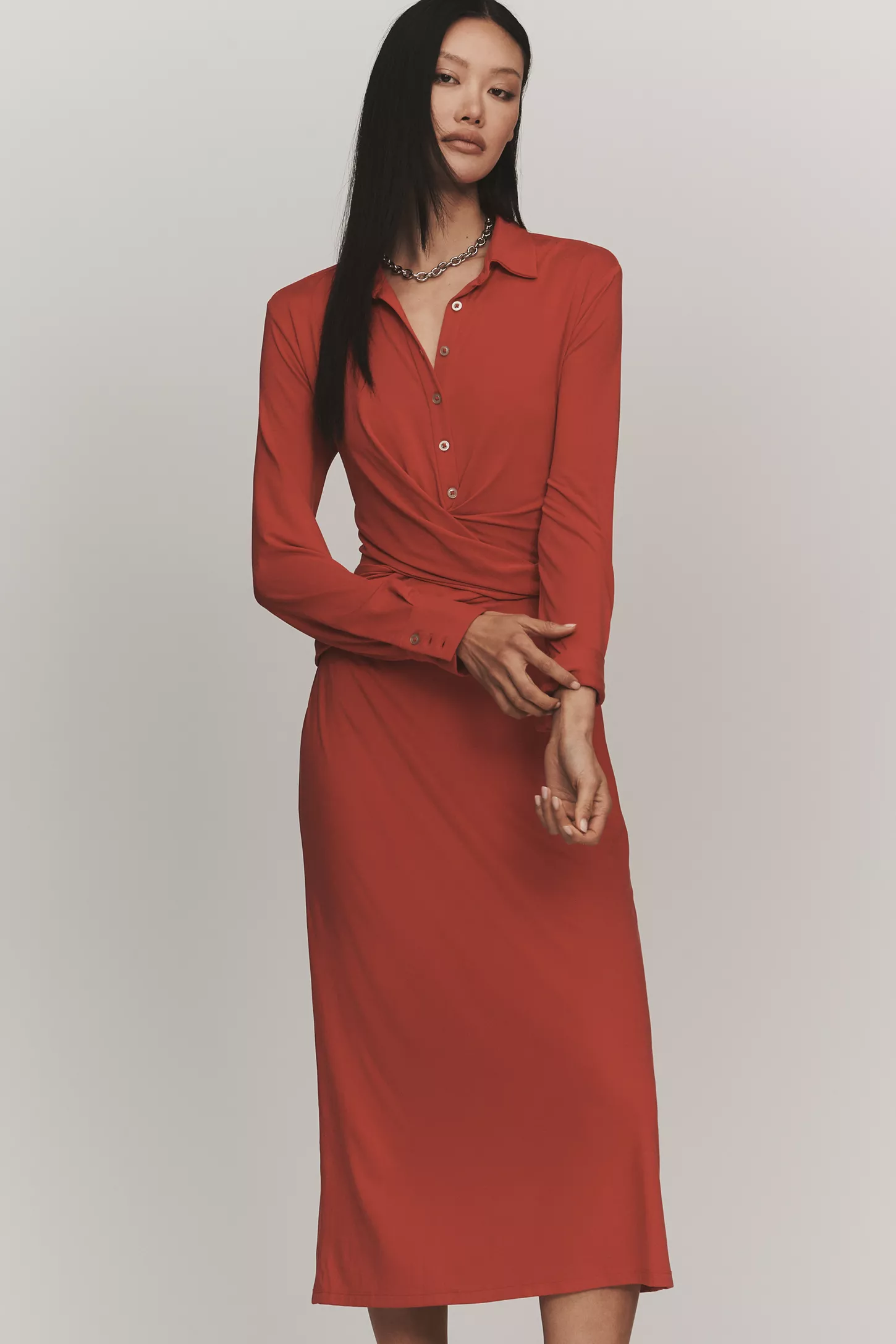 Anthropologie Draped Long-Sleeve Midi Shirtdress