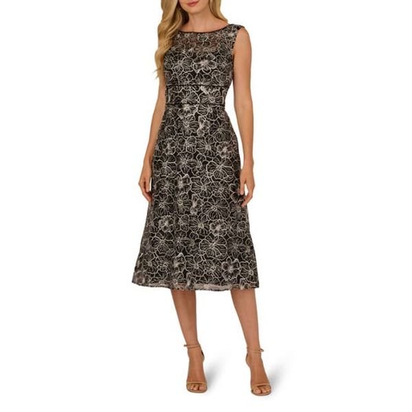Adrianna Papell Floral Embroidery Cocktail Midi Dress