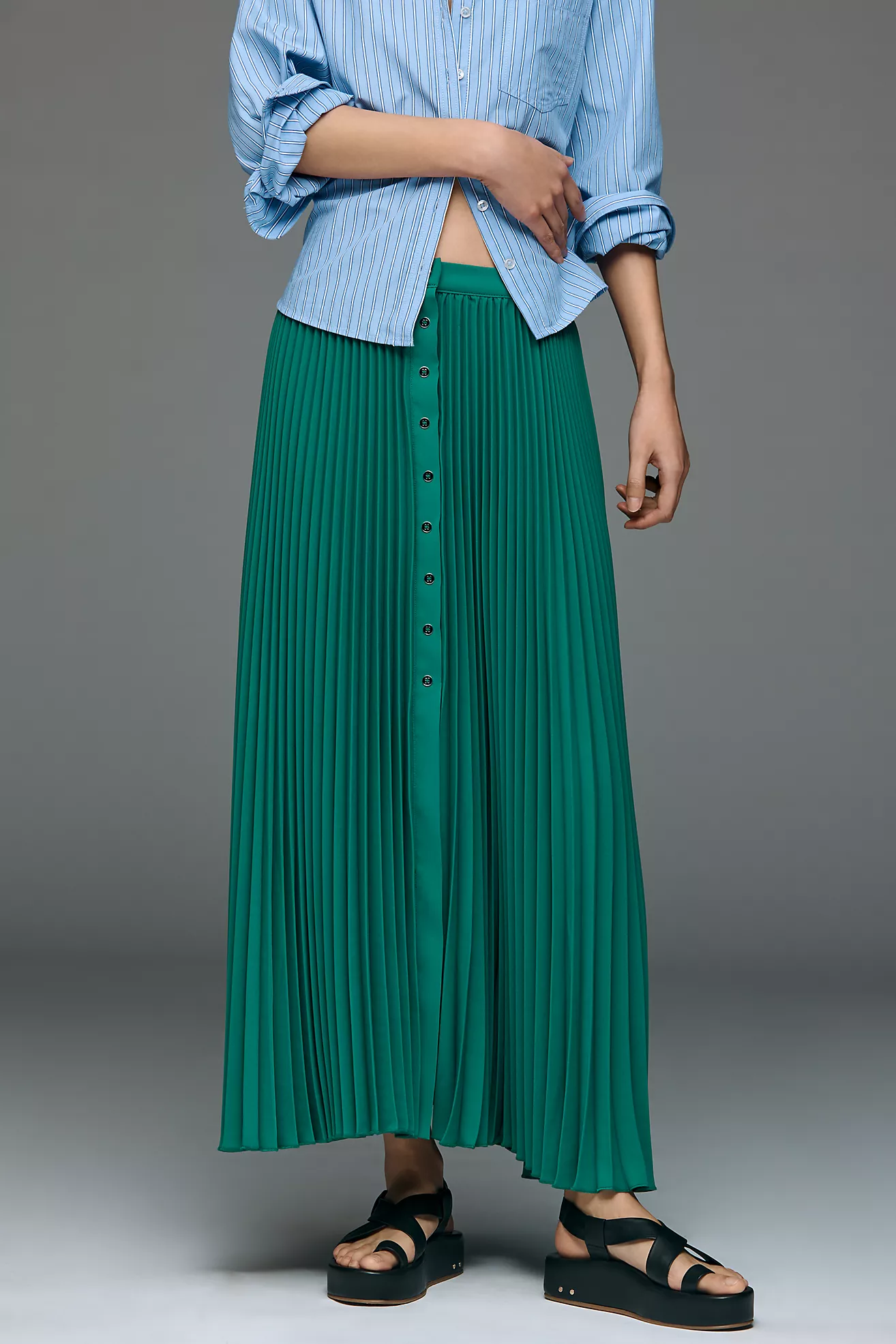 Maeve Pleated Button-Front Midi Skirt