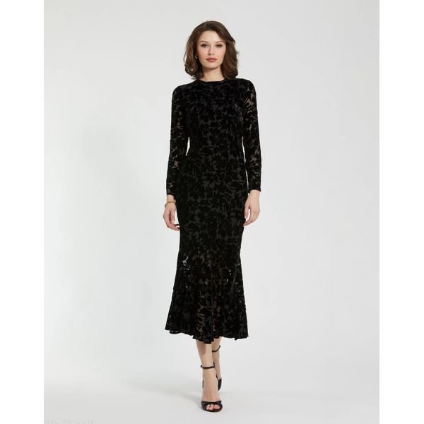 Mac Duggal Burnout Velvet Long Sleeve Midi Dress