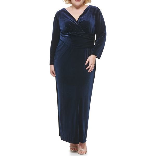 Eliza J Long Sleeve Faux Wrap Velvet Gown