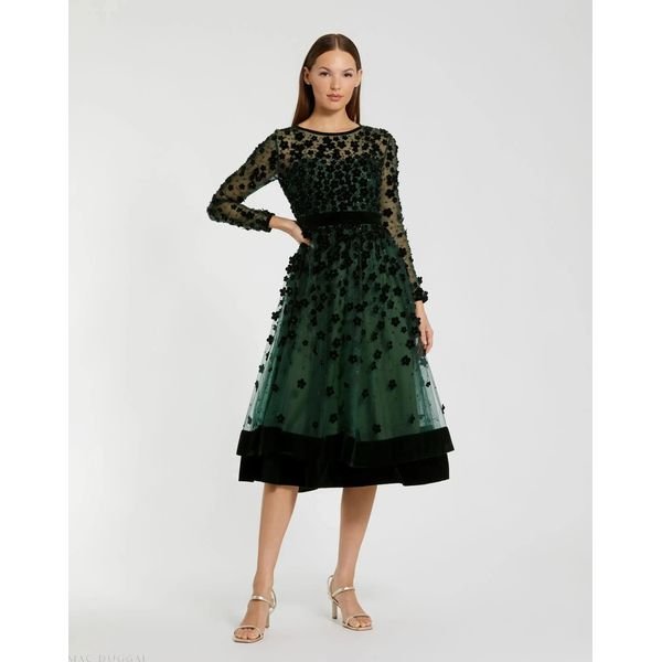 Mac Duggal Green Embellished Velvet Trim Midi Dress