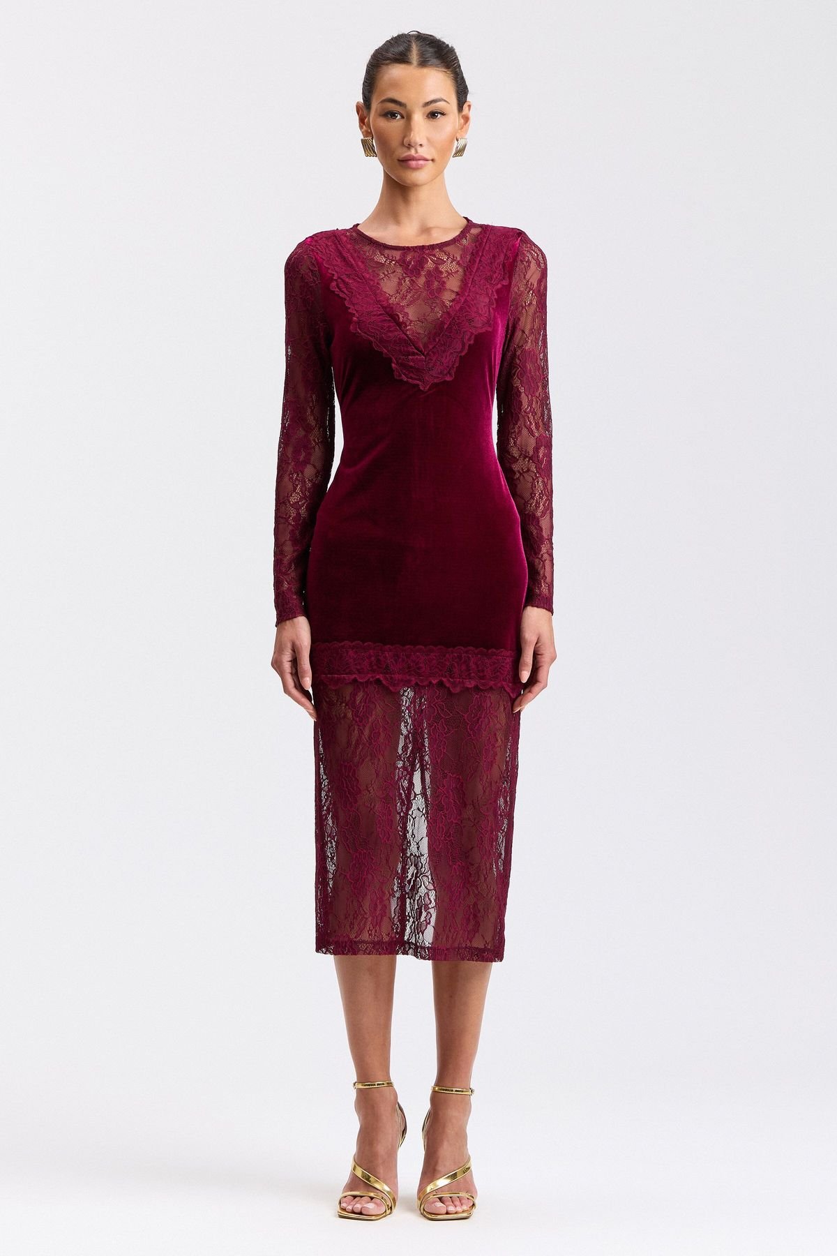 Avec Les Filles Stretch Velvet & Lace Midi Dress